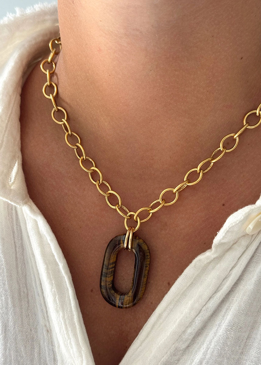 Stone On Chain Necklace - Brown
