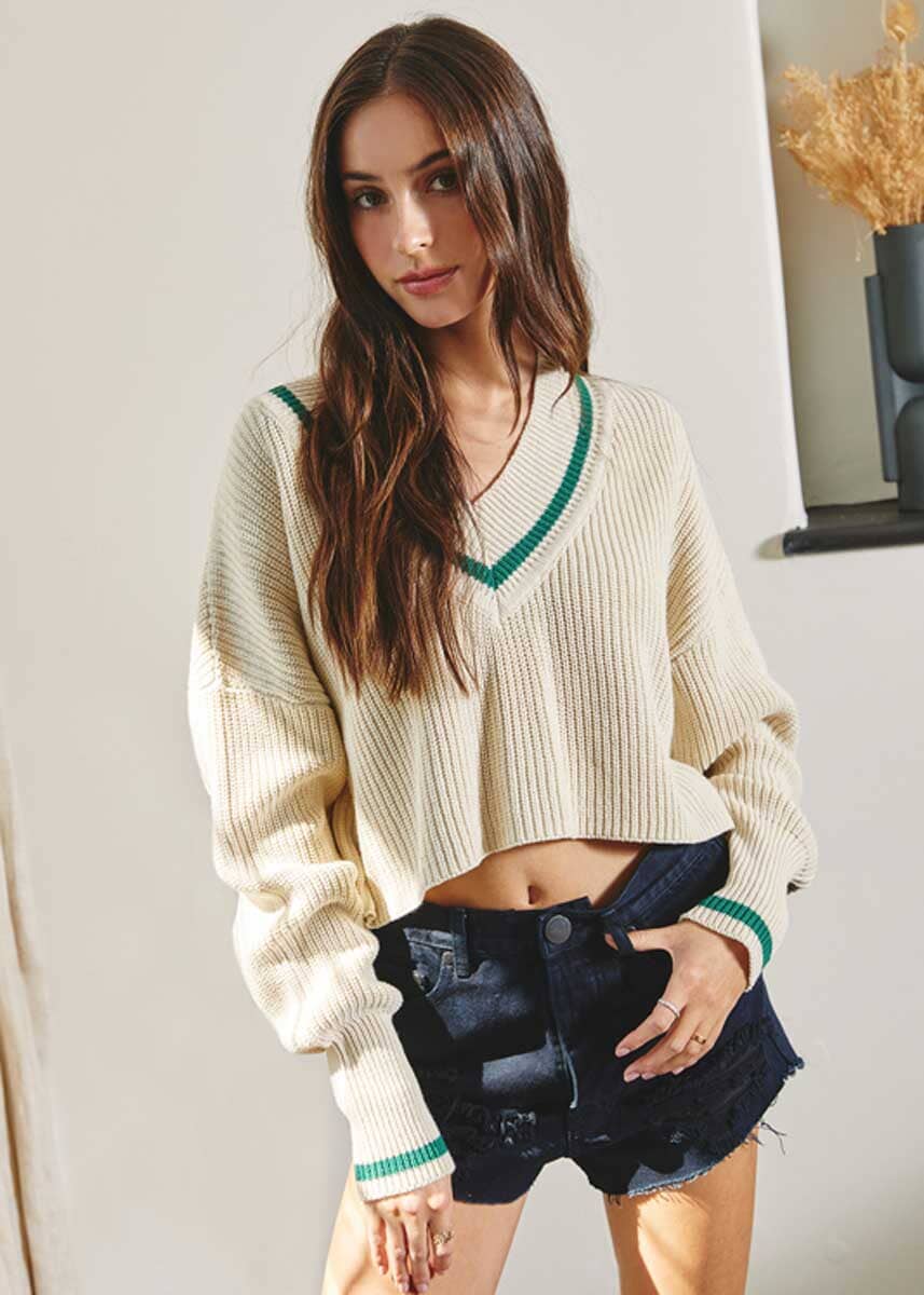 Vail Varsity Stripe Crop Sweater - Cream