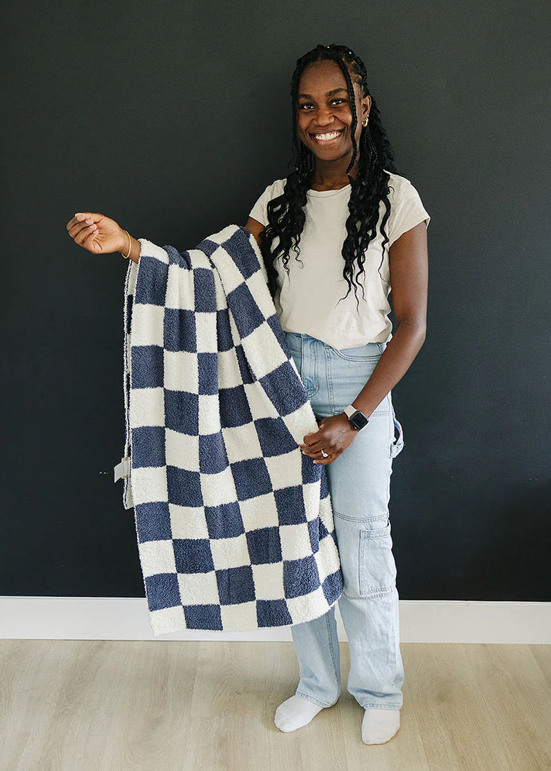 Navy Checkered Plush Blanket