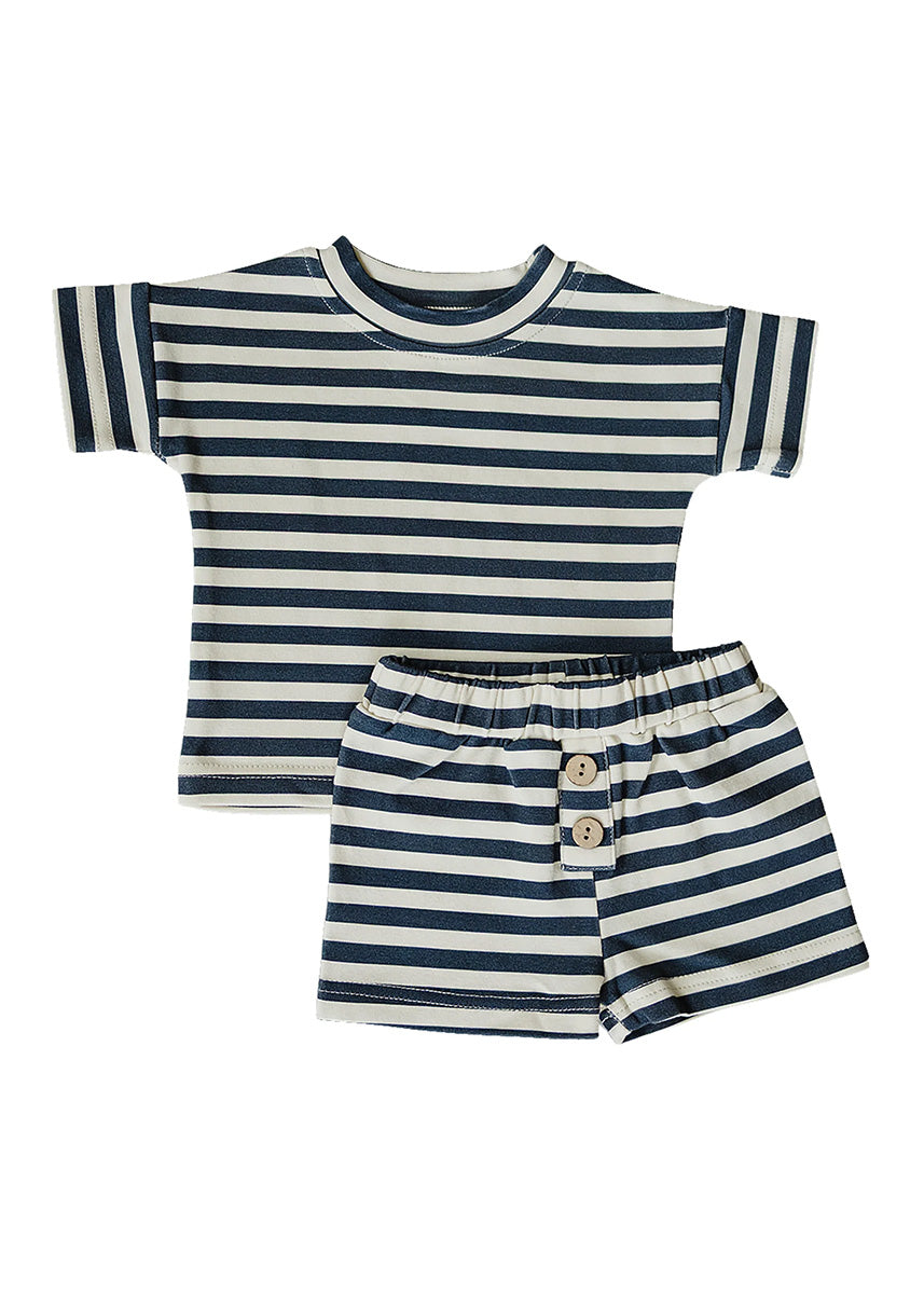 Navy Stripe Button Short Set
