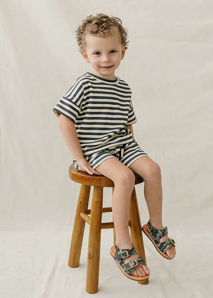 Navy Stripe Button Short Set