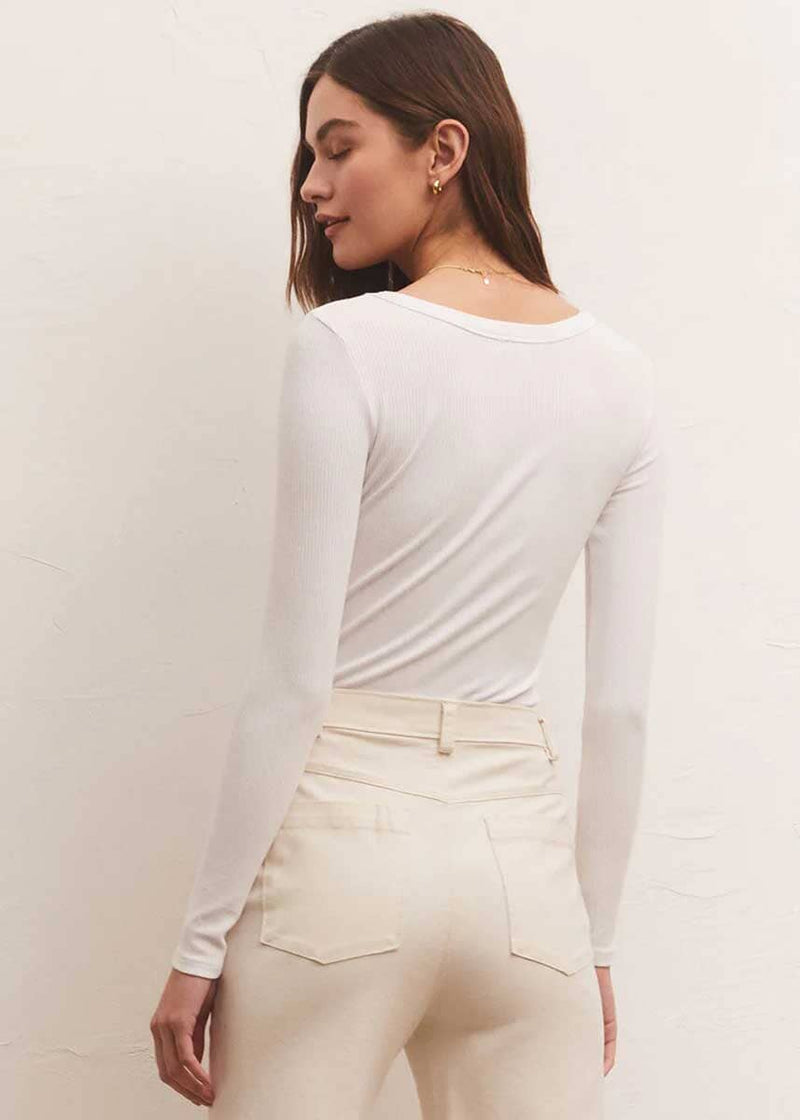 Lilah Long Sleeve Ribbed Bodysuit - White