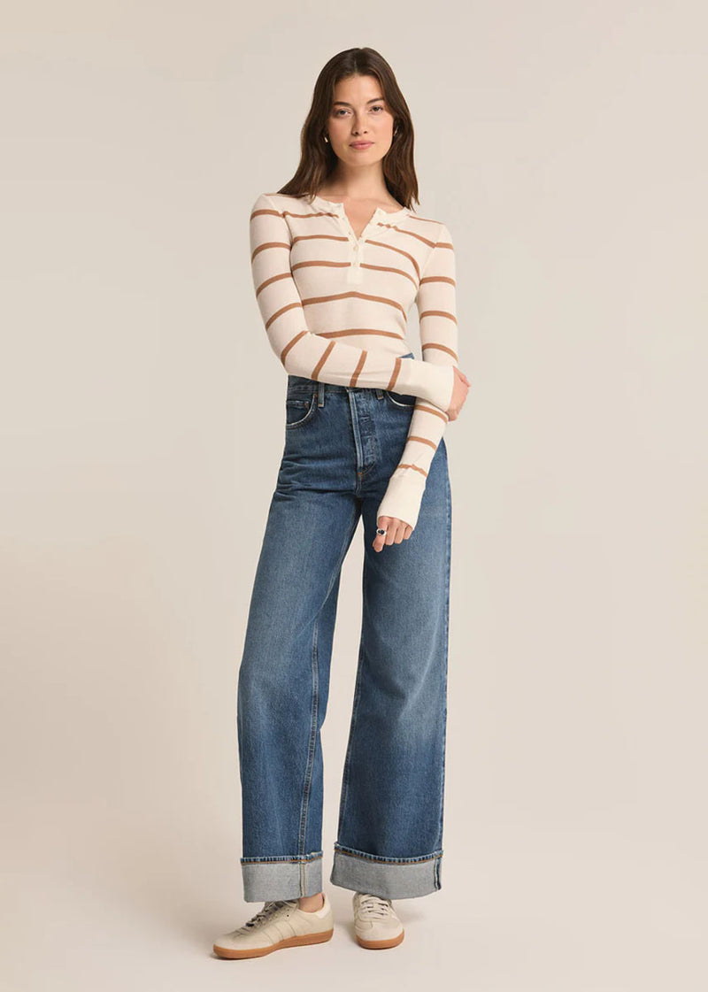 Scarlett Stripe Rib Henley - Sea Salt Caramel