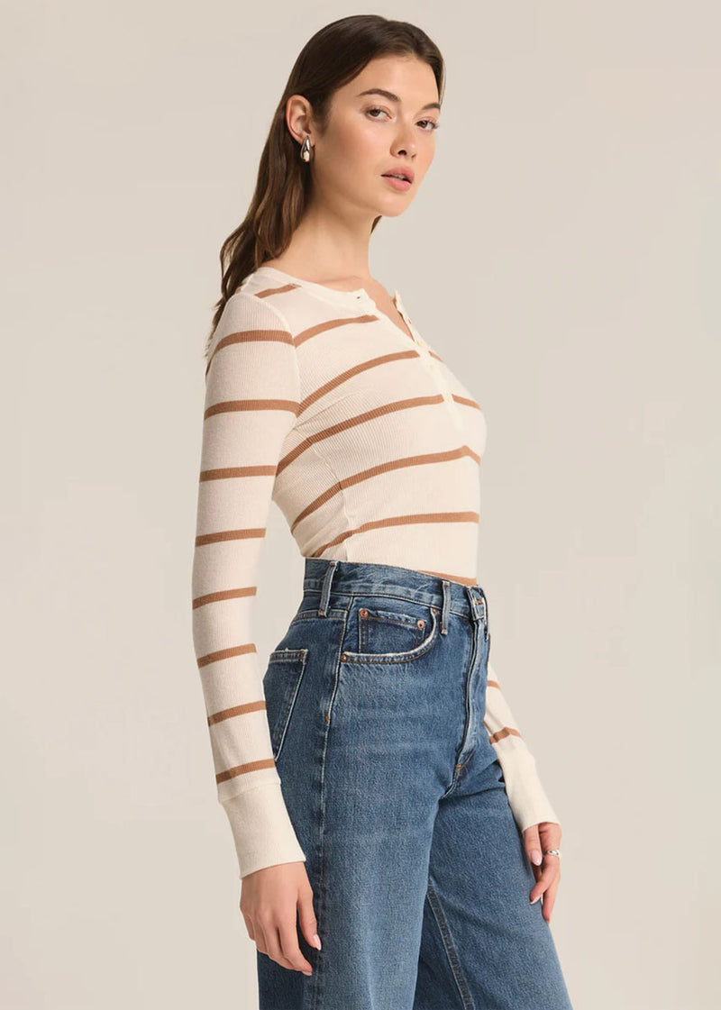 Scarlett Stripe Rib Henley - Sea Salt Caramel