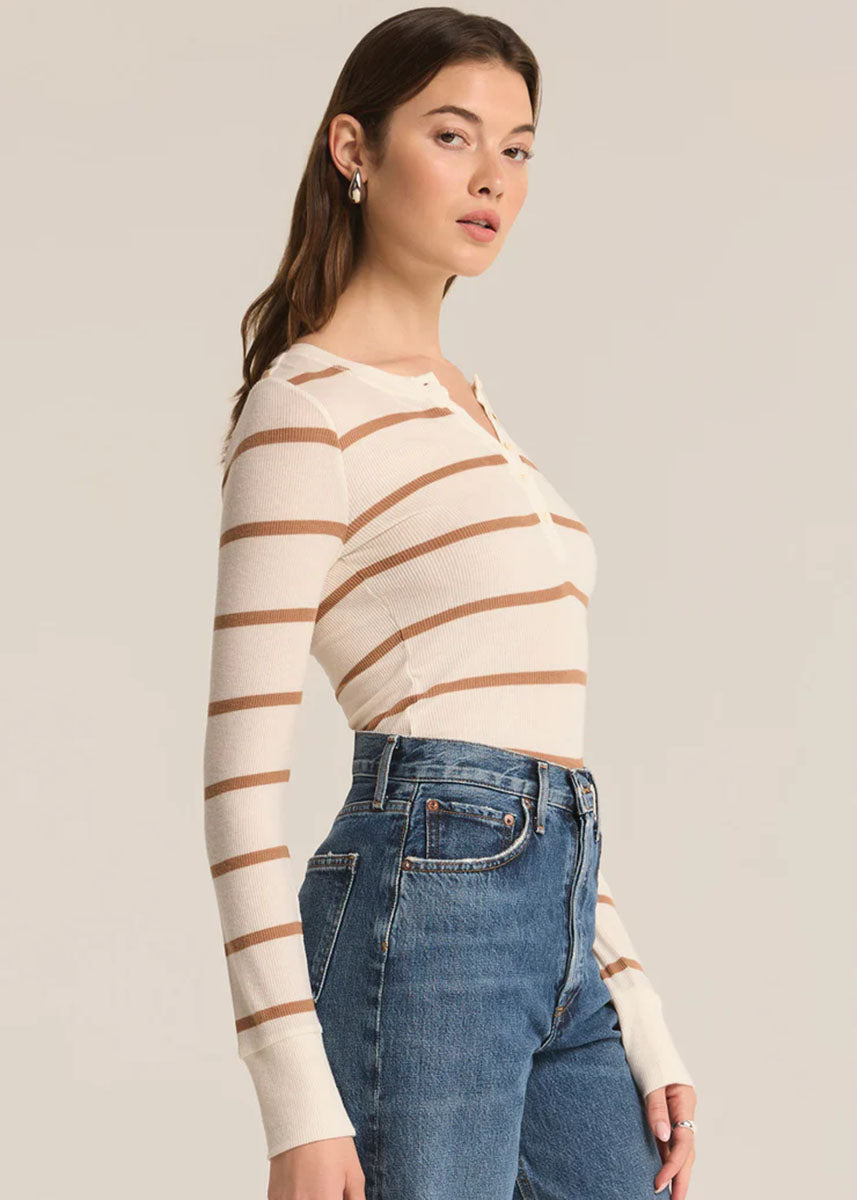 Scarlett Stripe Rib Henley - Sea Salt