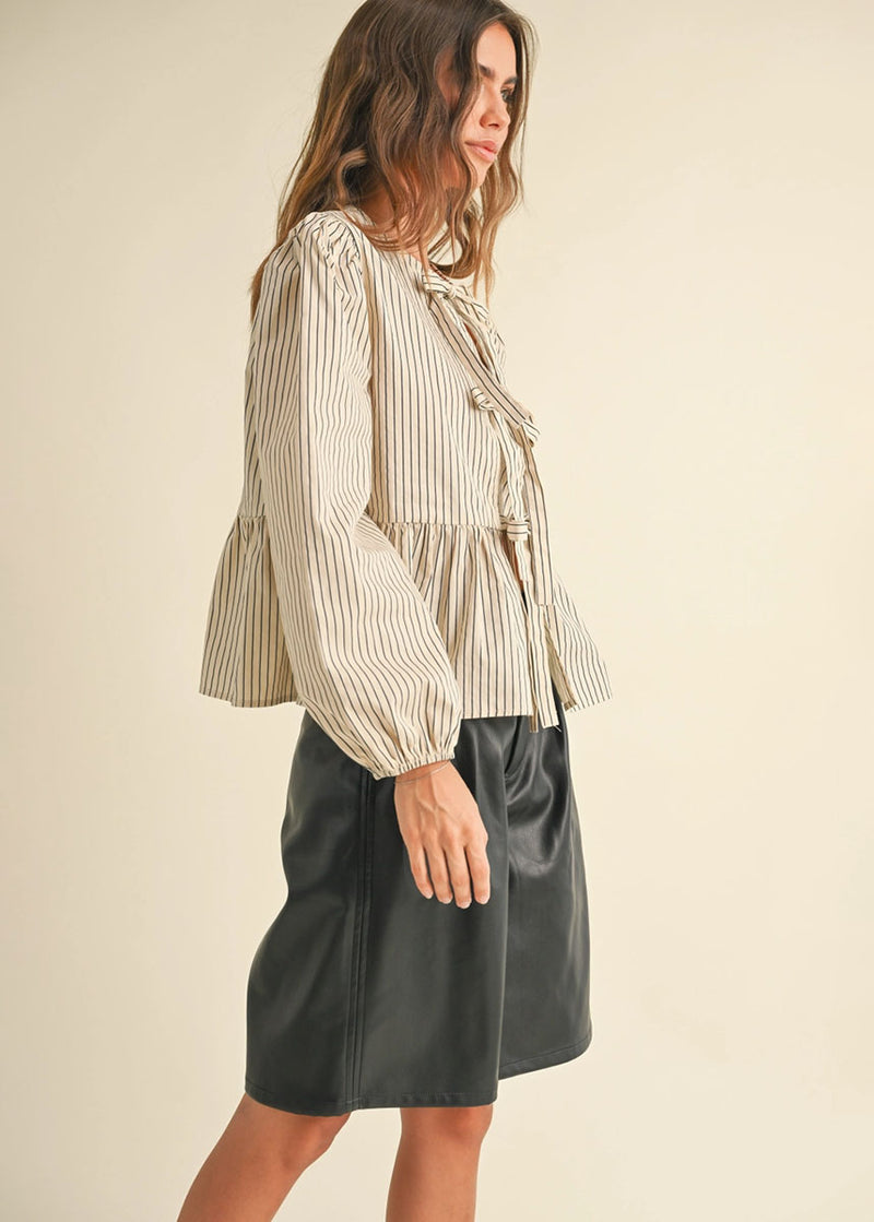 Camden Striped Tie-Front Top - Beige & Brown