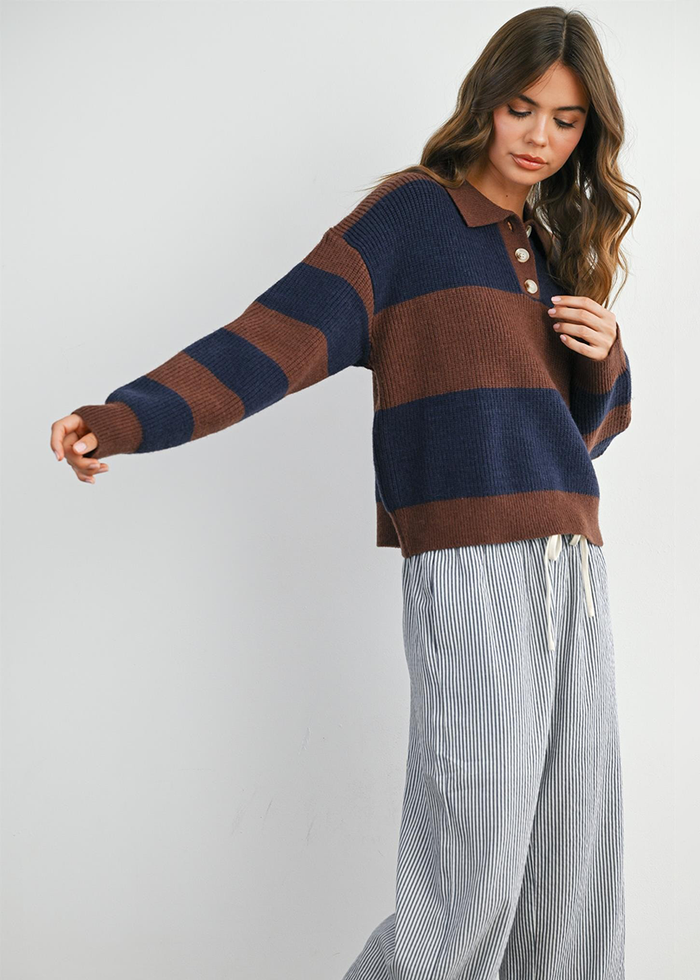 Myla Collared Sweater - Brown & Navy