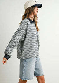Megan Quarter Button Stripe Collared Top - Grey & Navy