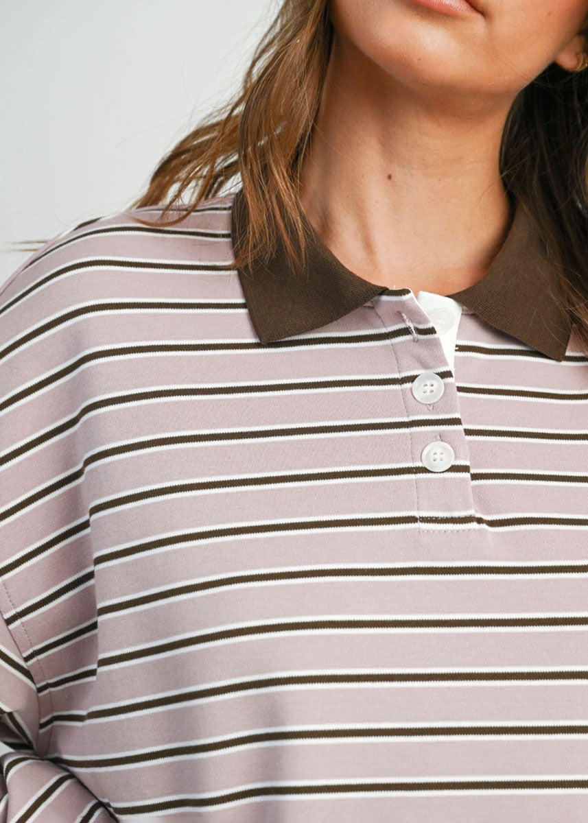 Megan Quarter-Button Stripe Collared Top - Mauve & Brown