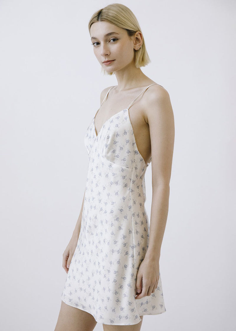 Frannie Floral Satin Slip Dress - White & Blue