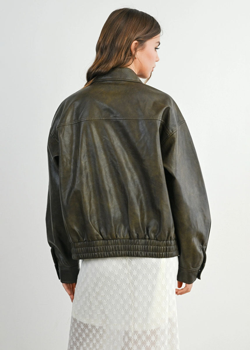Delia Faux Leather Zip Jacket - Dark Olive