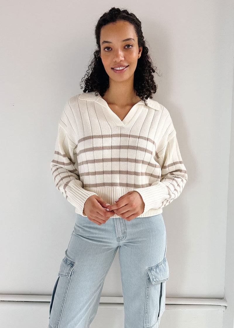 Arlo Polo Sweater - Ecru Taupe Stripe