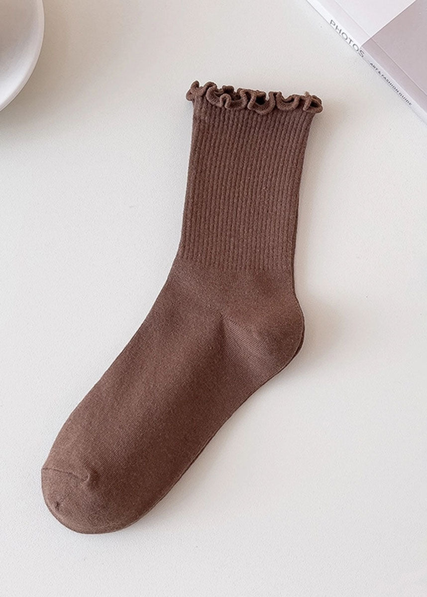 Ruffled Mid-Calf Socks - Brown
