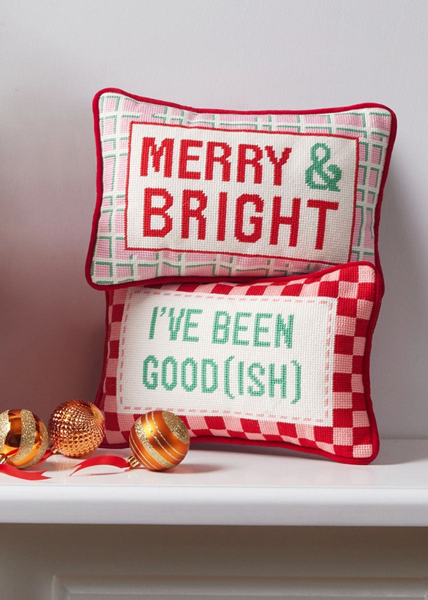 Merry & Bright Embroidered Needlepoint Pillow