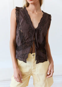 Grayson Lace Trim Tie Front Top - Brown