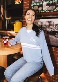 Chi Striped V-Neck Crop Sweater - Light Blue