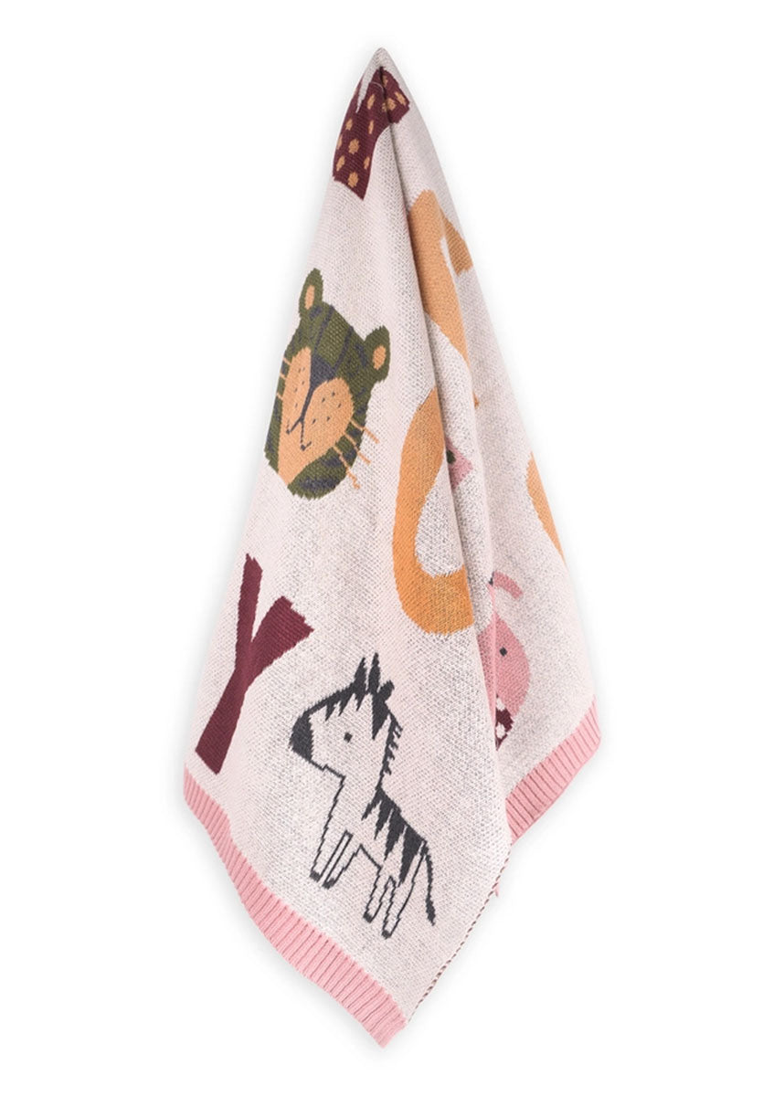 Organic Jacquard Sweater Knit Baby Blanket - Alphabet Blush