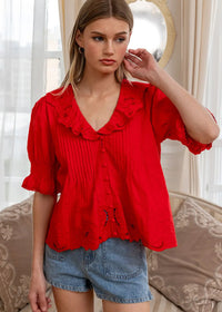 Mazie Embroidered Collar Blouse - Red
