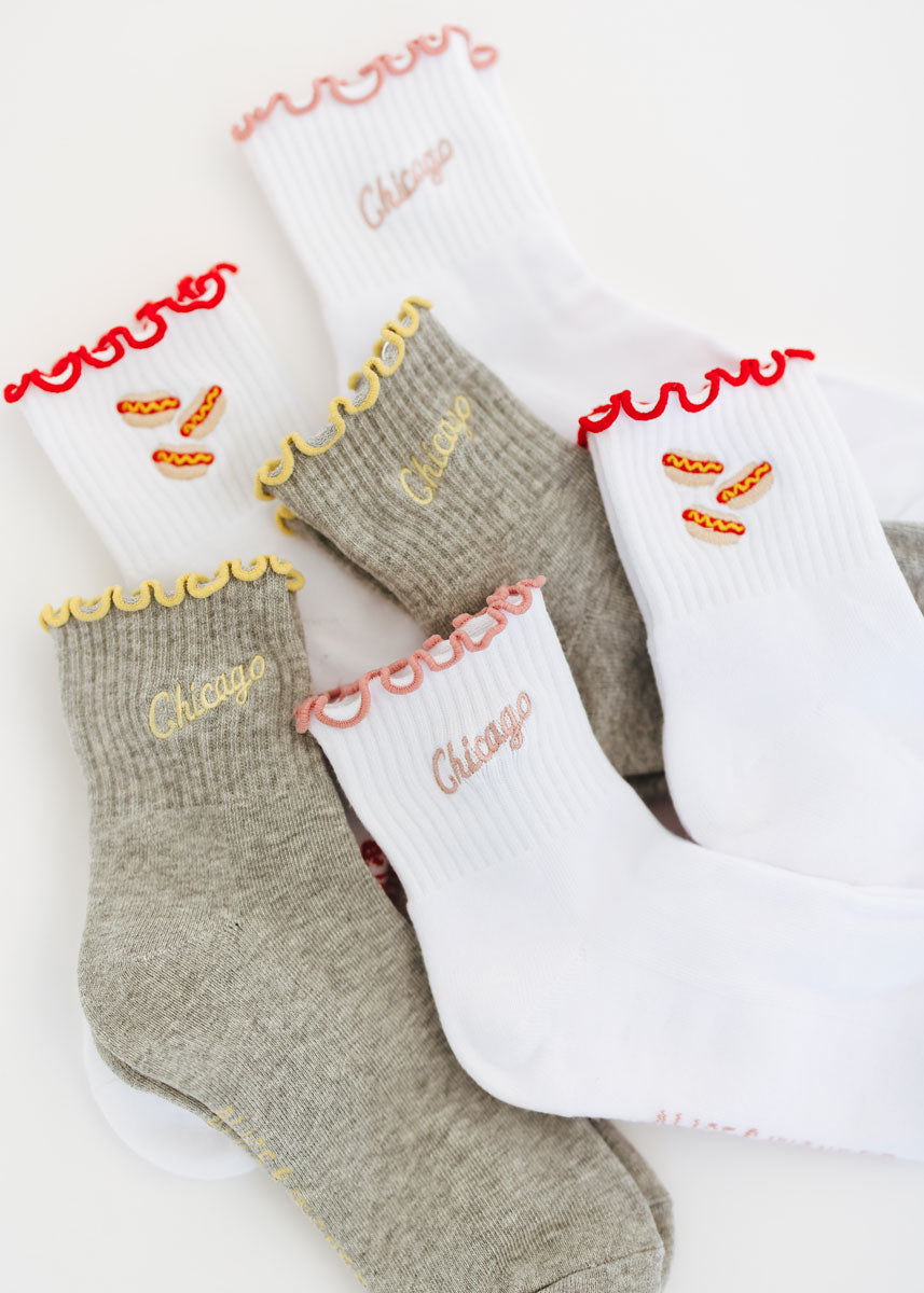 Chicago Script Ruffle Crew Sock - Heather Grey & Butter