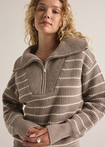 Villa Half Zip Stripe Sweater - Heather Taupe