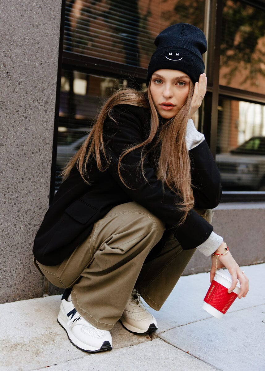 Adult Mad Hatter Smiley Cuff Beanie - Black