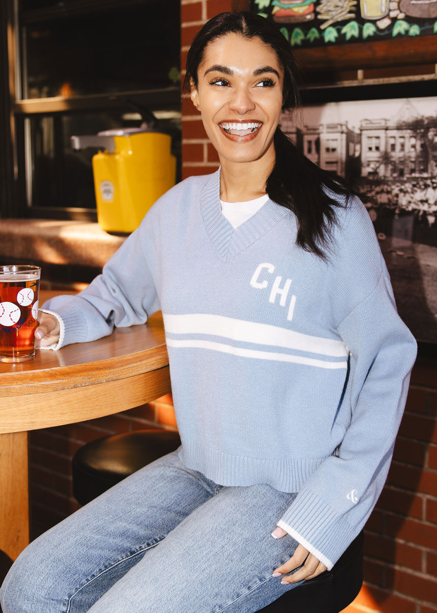 Chi Striped V-Neck Crop Sweater - Light Blue