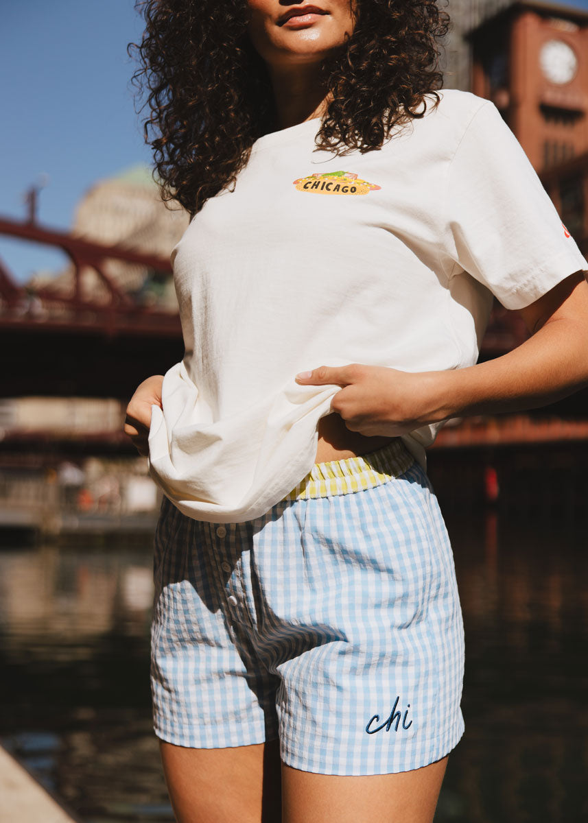 Chi Script Gingham Short - Light Blue – Alice & Wonder