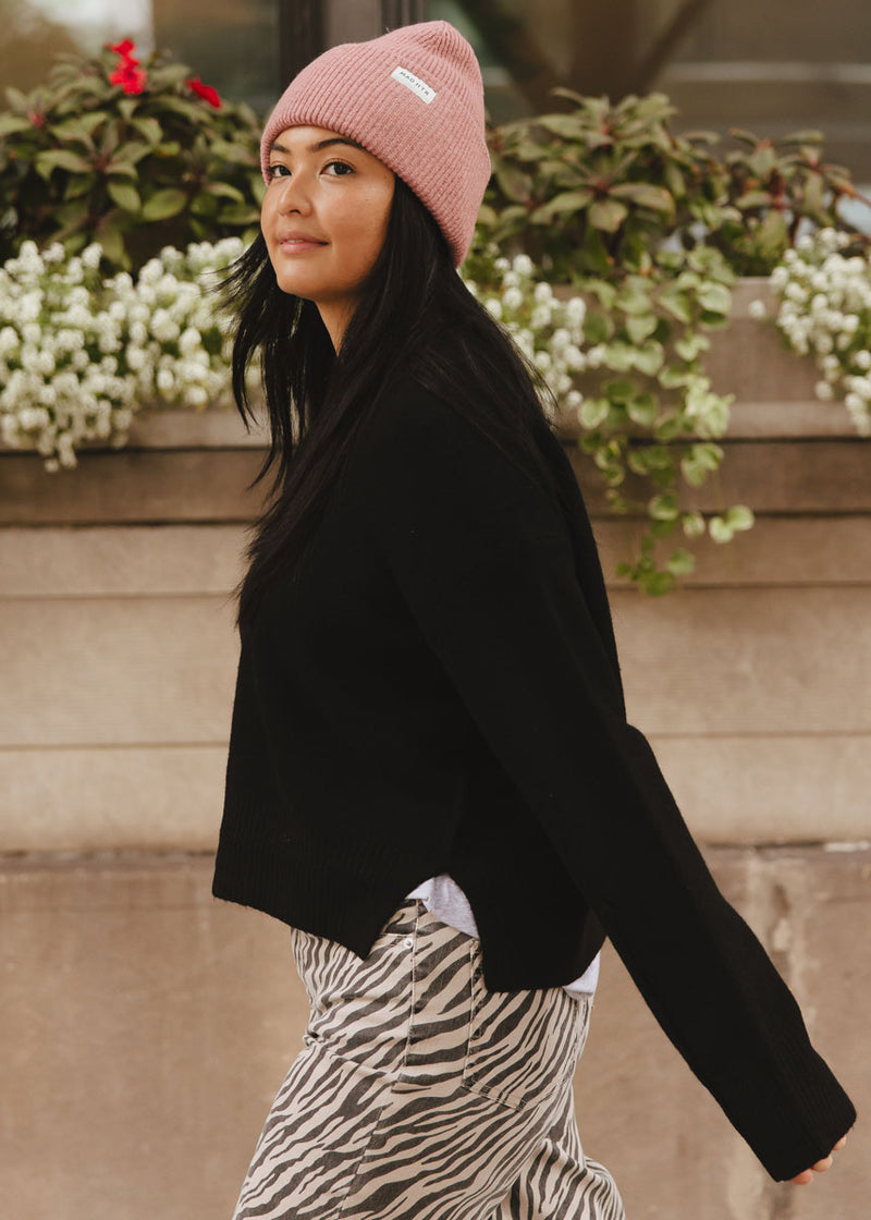 Adult Mad Hatter Ribbed Knit Beanie - Heather Pink