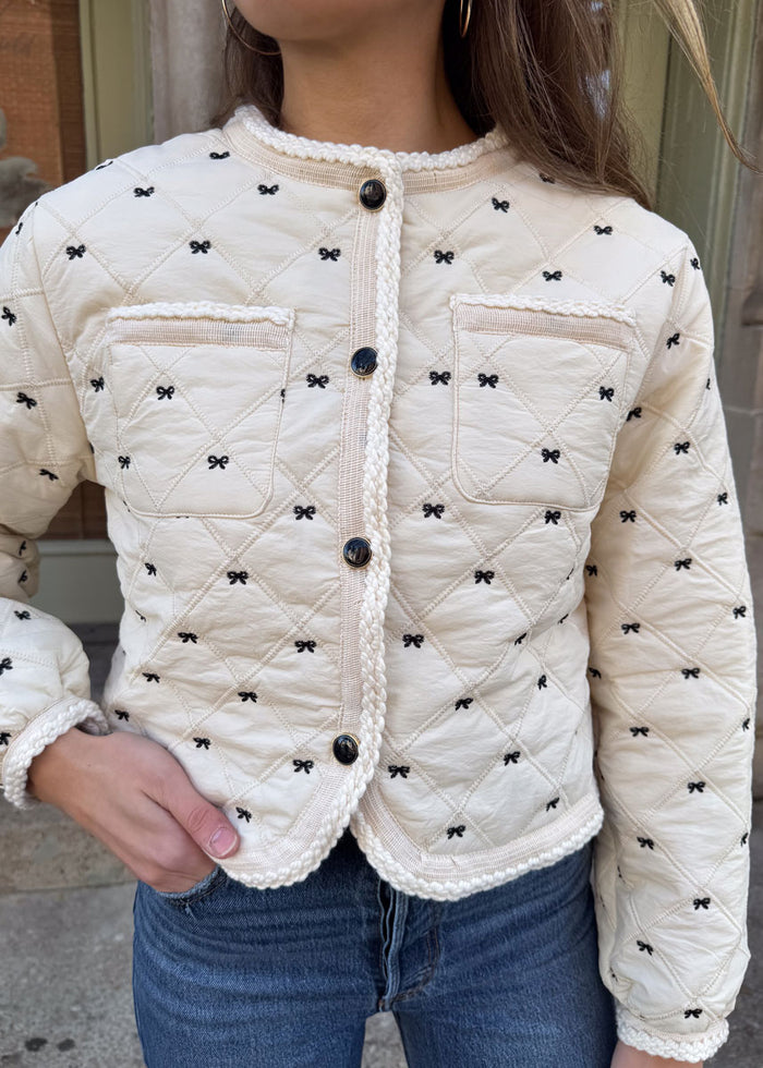 Bow Embroidered Quilted Puff Jacket - Cream