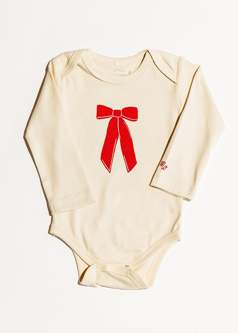 Holiday Bow Long Sleeve Onesie - Natural