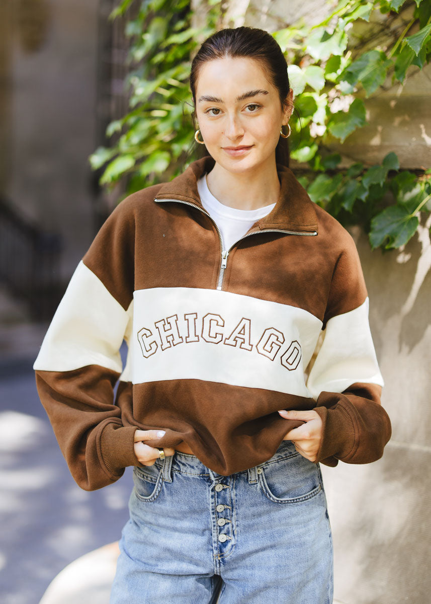 Chicago Color Blocked Quarter Zip Sweatshirt - Chocolate