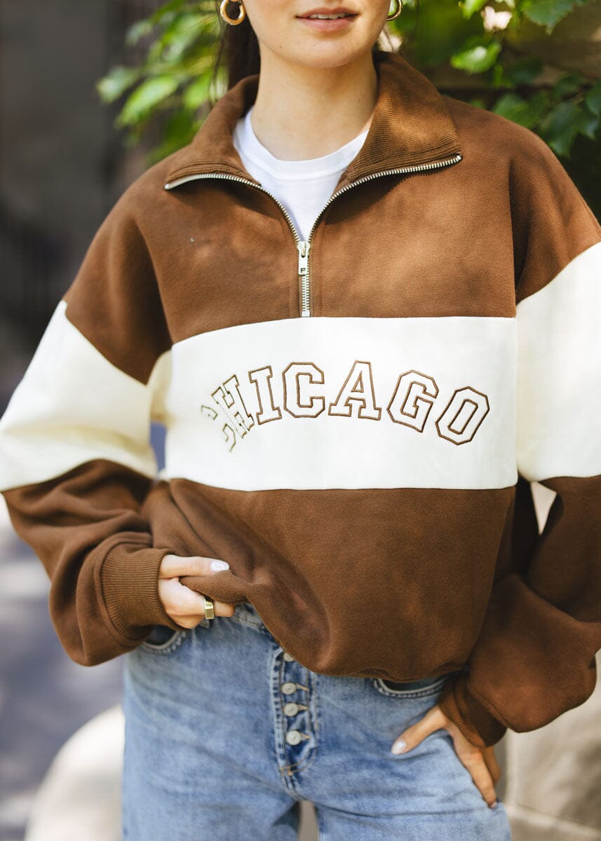 Chicago Color Blocked Quarter Zip Sweatshirt - Chocolate – Alice