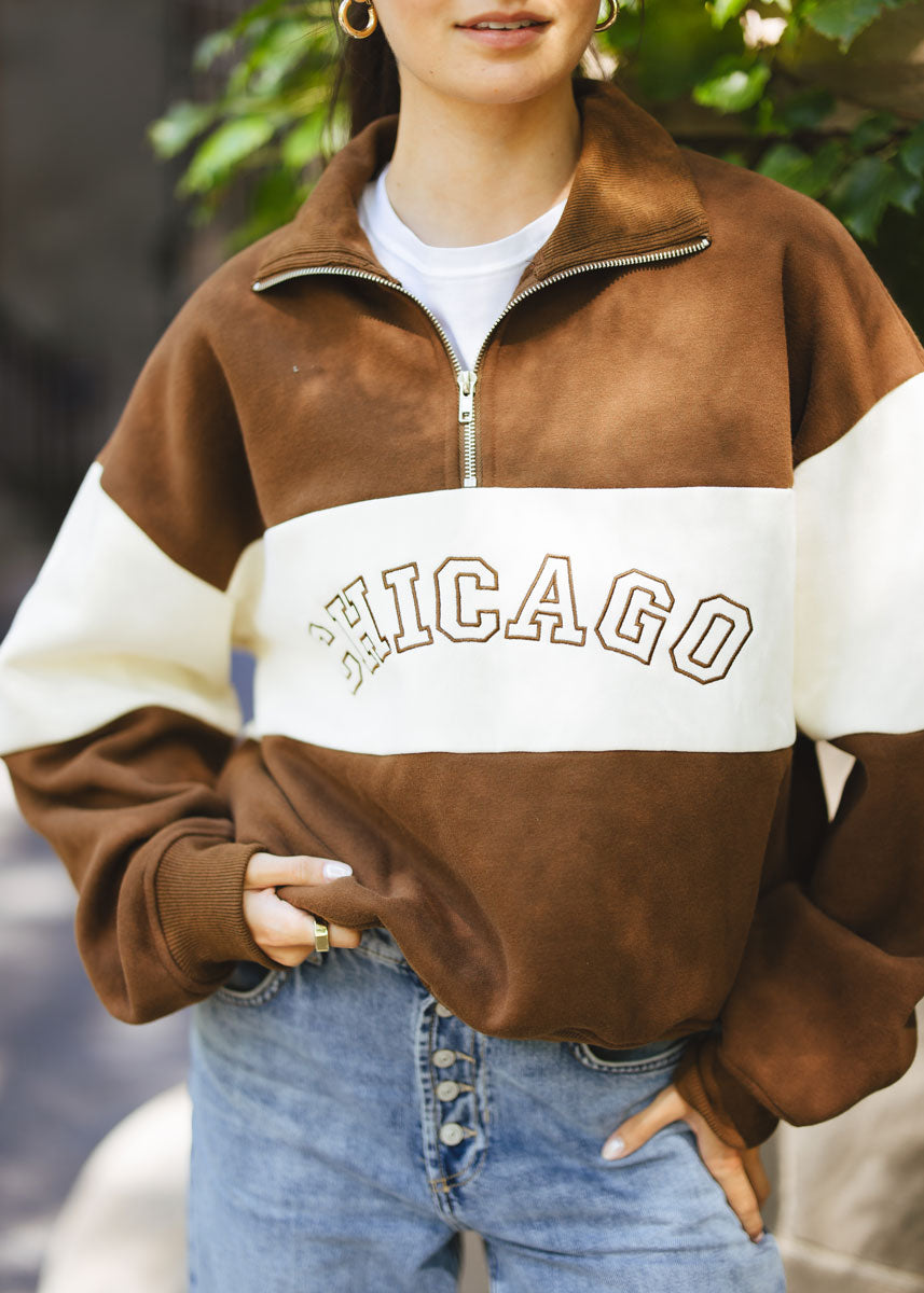 Chicago Color Blocked Quarter Zip Sweatshirt - Chocolate