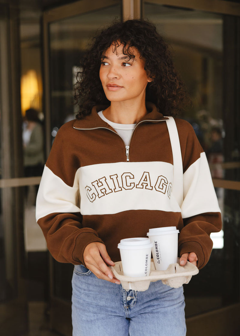 Chicago Color Blocked Quarter Zip Sweatshirt - Chocolate