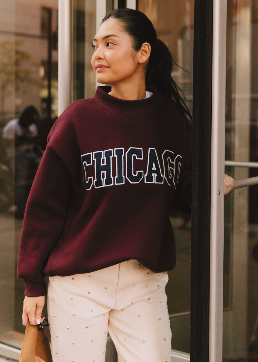 Chicago Collegiate Cord Mock Neck Sweatshirt - Burgundy & Blue