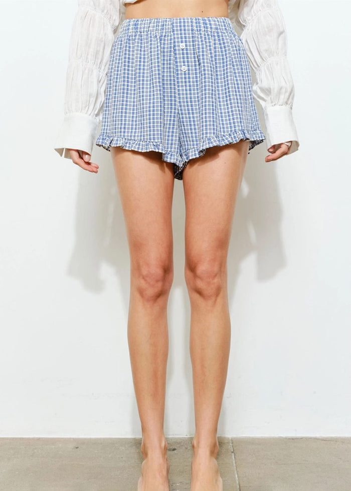 Libby Ruffle Hem Gingham Boxer Shorts - Navy