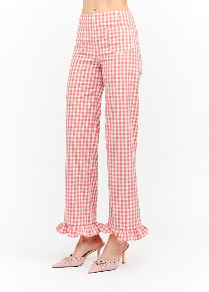 Paloma Straight Ruffle Gingham Pant - Pink