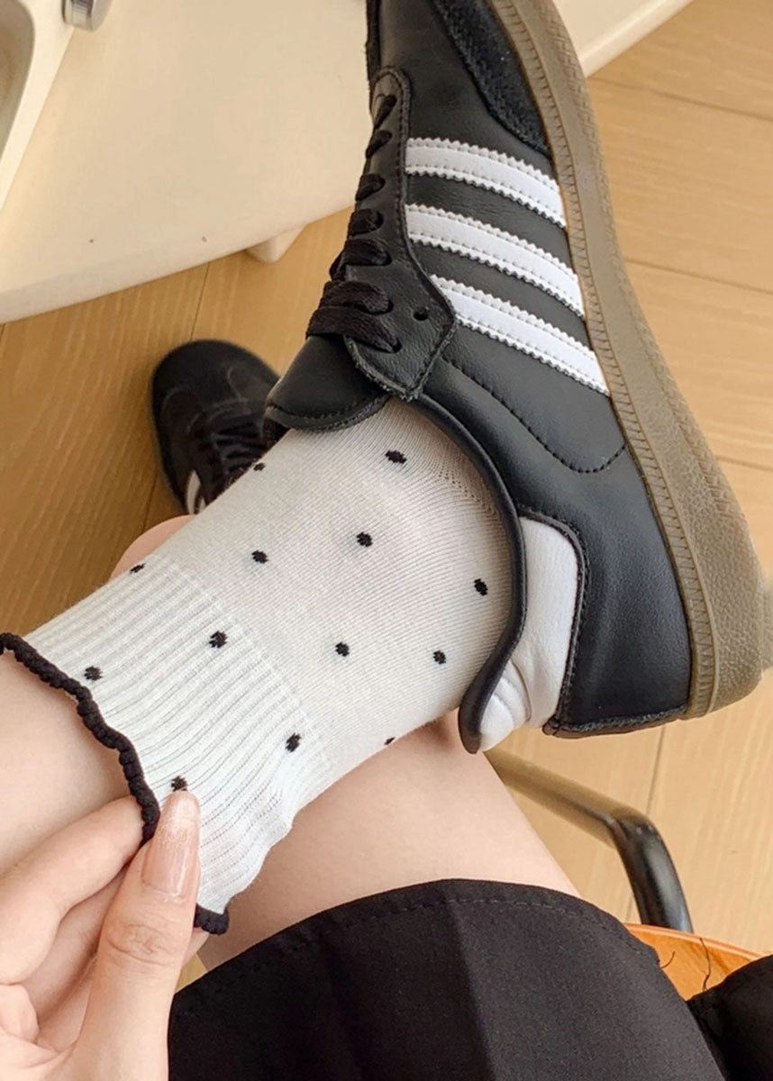 Polka Dot Contrast Ruffle Mid-Calf Socks - White