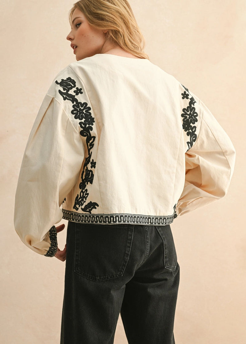 Mia Floral Patch Tie Jacket - Ecru