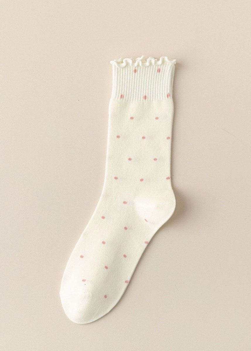 Polka Dot Ruffle Lace Mid Socks - Off-White