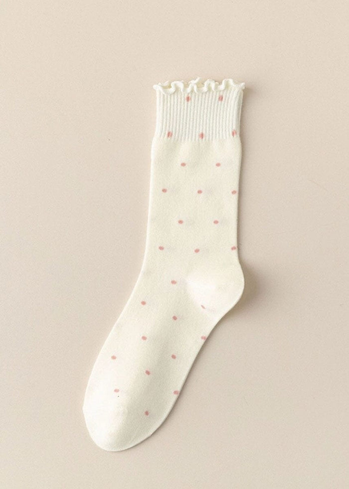 Polka Dot Ruffle Lace Mid Socks - Off-White