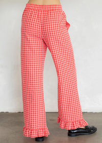 Checkered Ruffle Hem Pant - Coral
