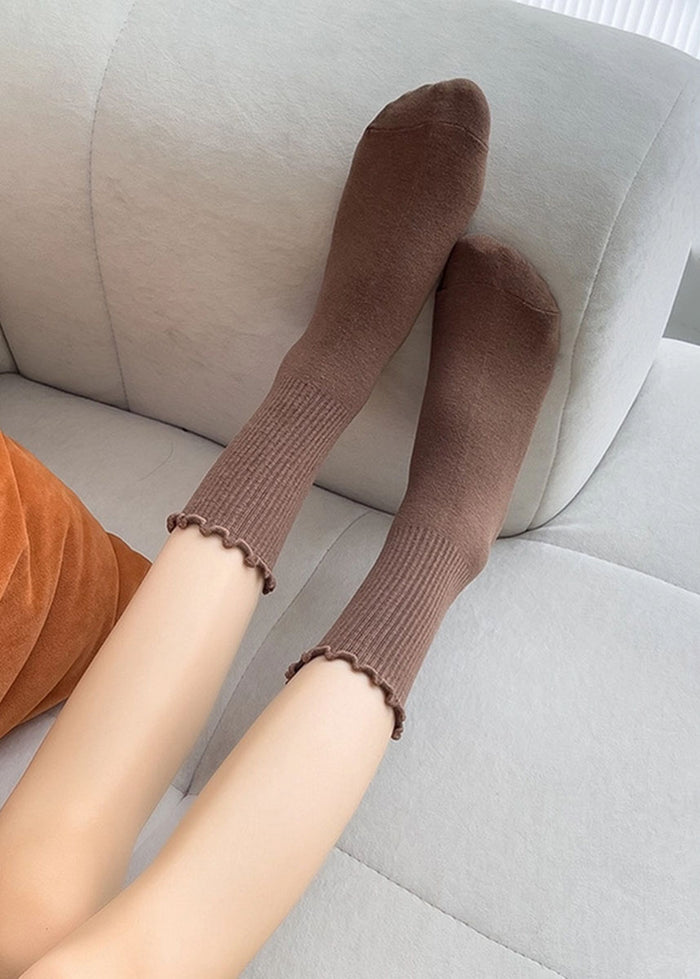 Ruffled Mid-Calf Socks - Brown