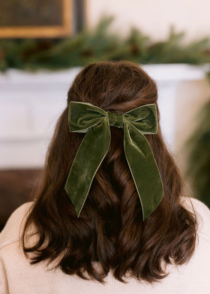 Bailee Large Velvet Bow Barette - Sage