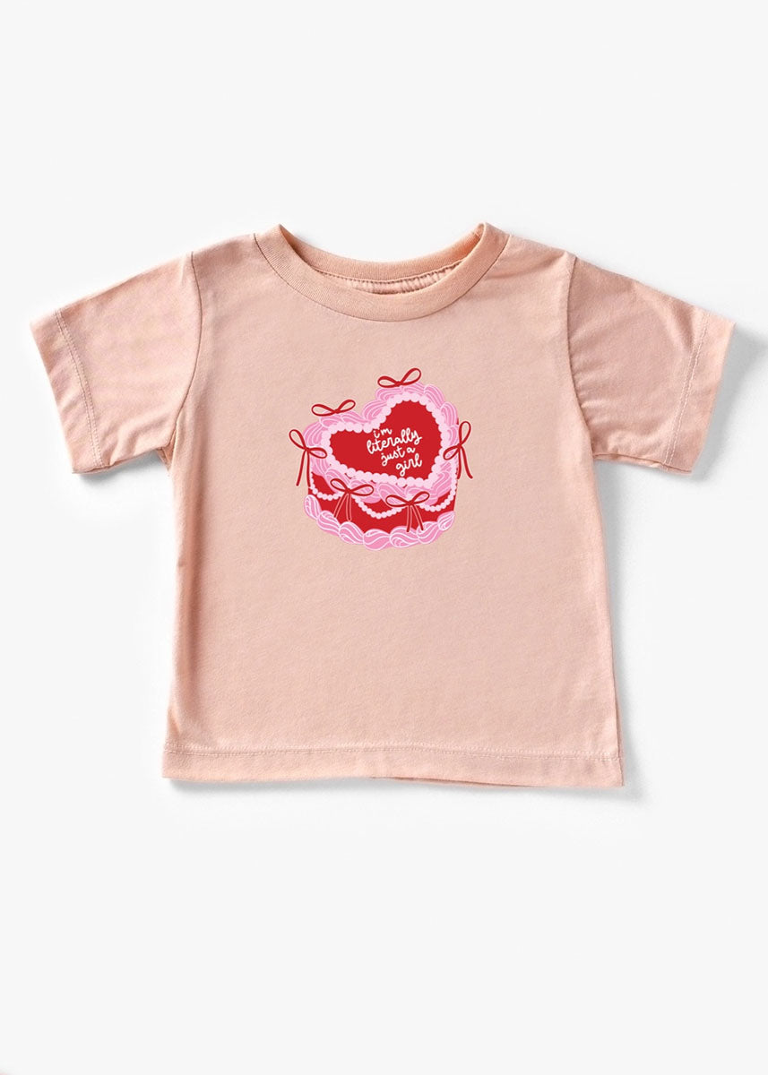 Literally Just A Girl Cake Bows Kids Tee - Peach