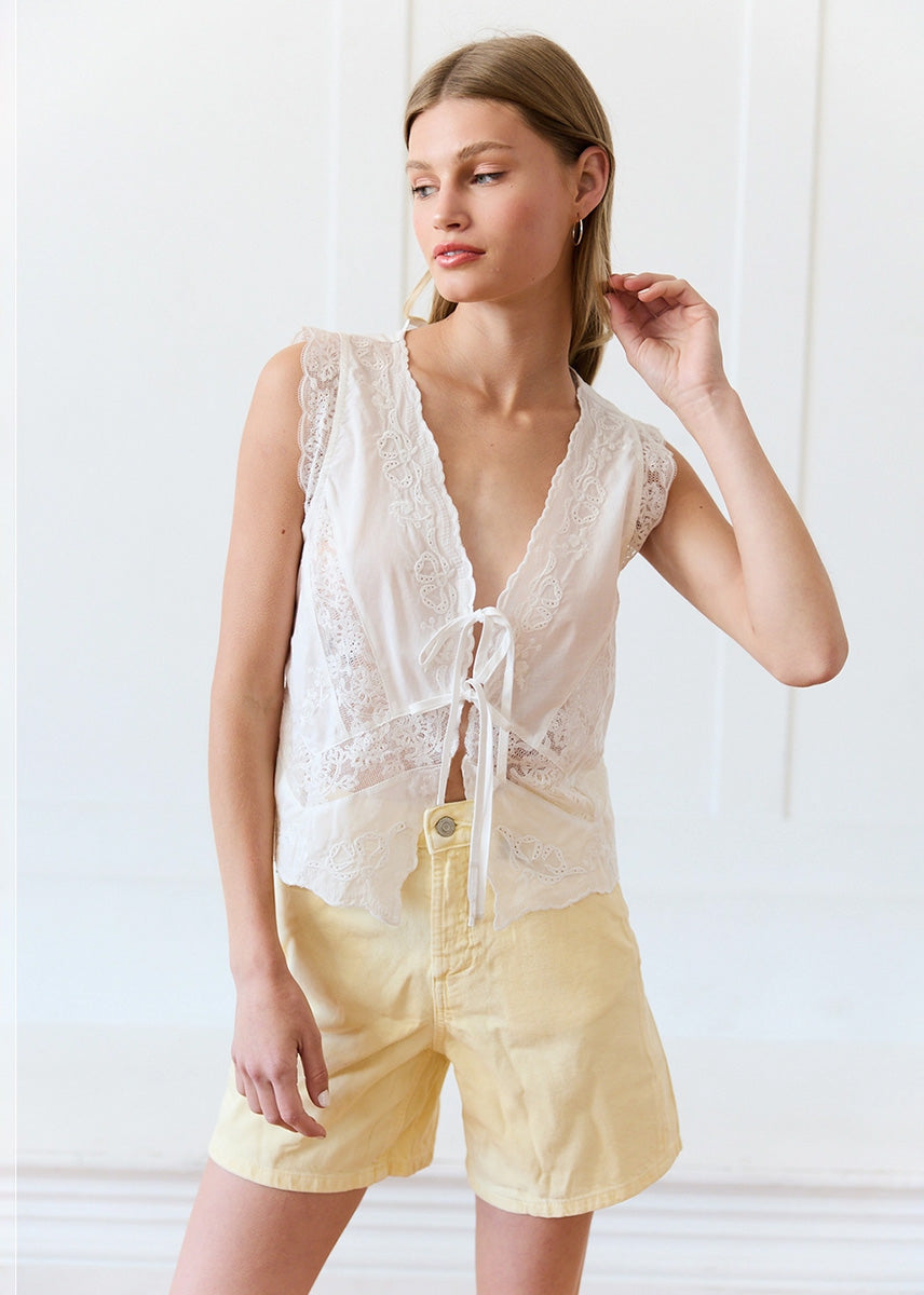 Grayson Lace Trim Tie Front Top - White