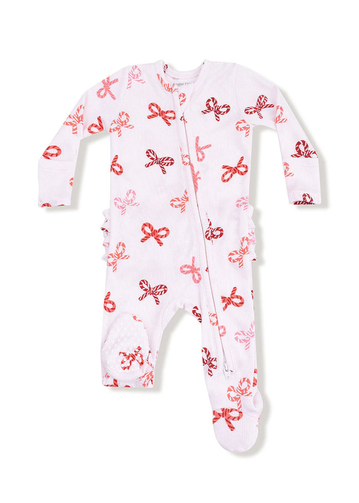 2-Way Ruffle Zipper Footie - Candy Cane Bows