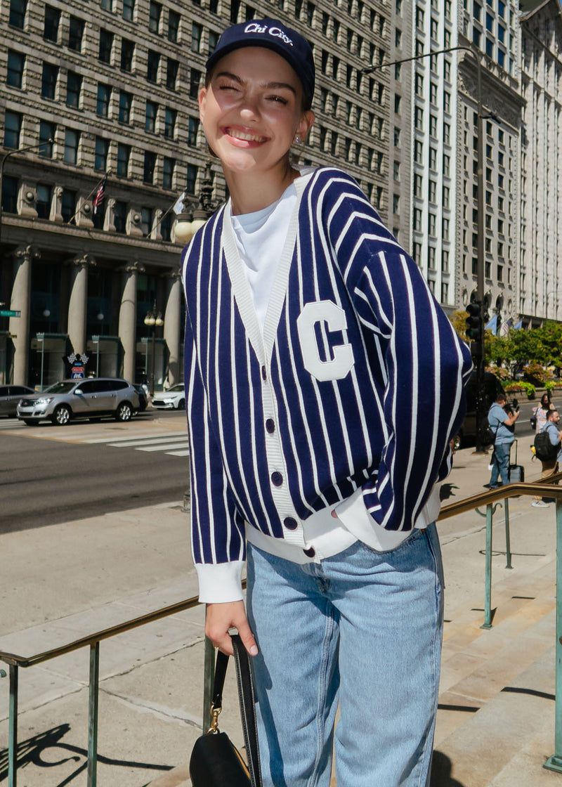 Chicago Striped Cardigan - Navy