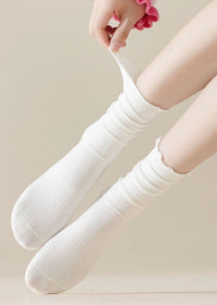 Ruffled Vertical Stripe Crew Socks - White