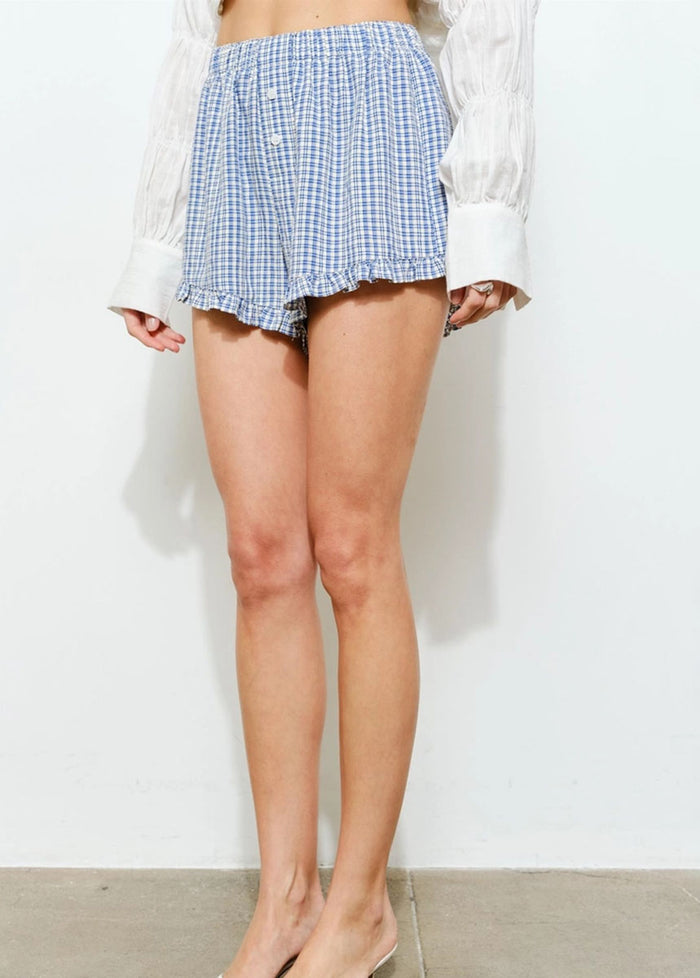 Libby Ruffle Hem Gingham Boxer Shorts - Navy